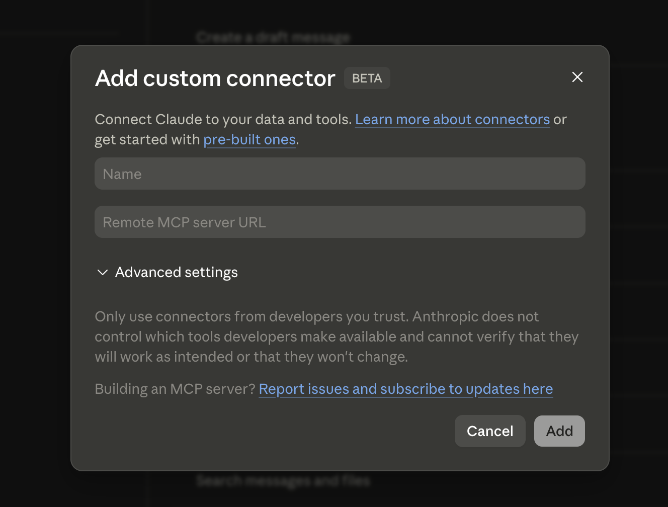 Het dialoogvenster Add custom connector van Claude