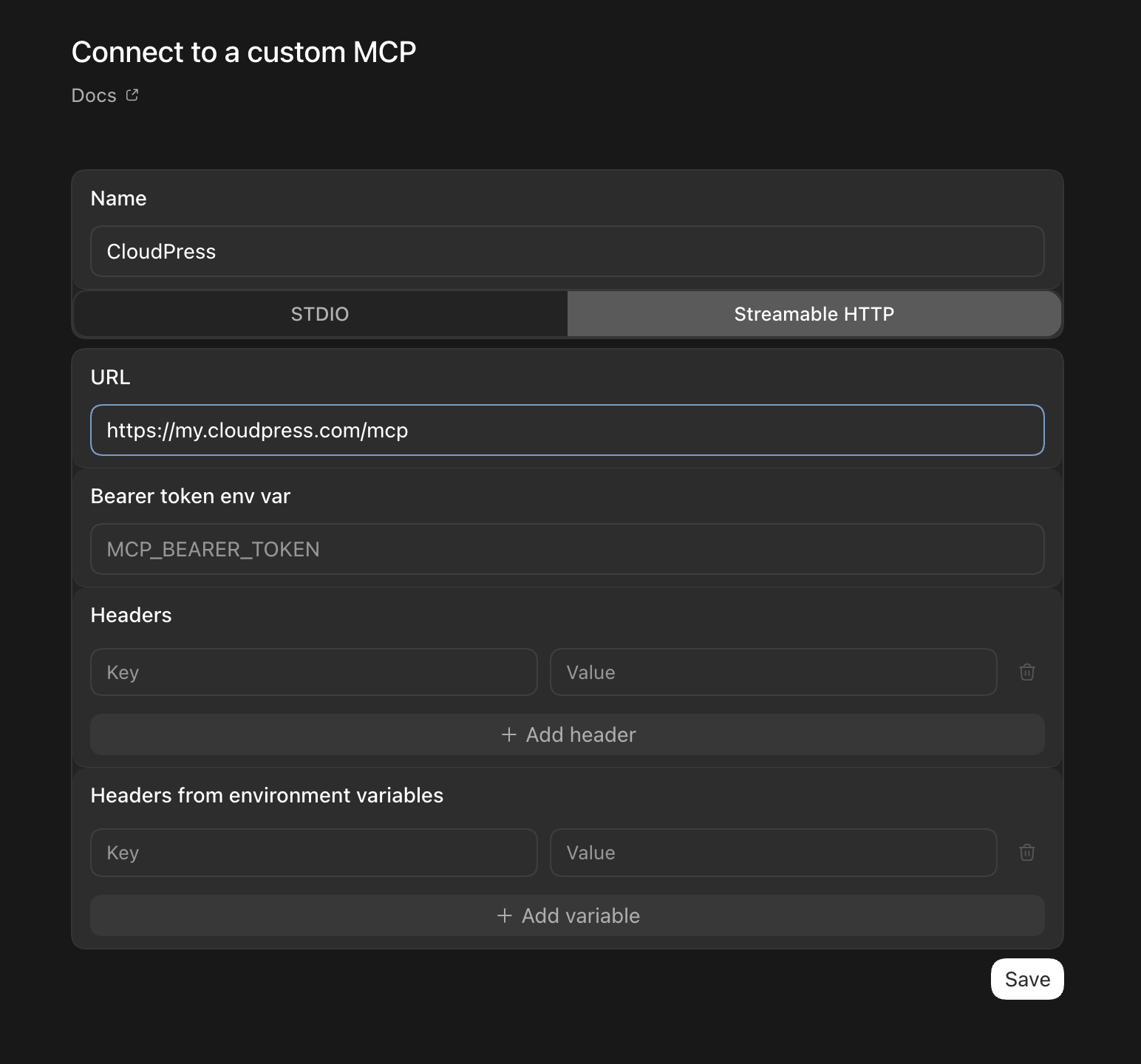Het formulier Connect to a custom MCP van Codex